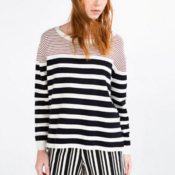 ZARA STRIPED SWEATER CREWNECK LONG SLEEVE KNIT BOXY OVERSIZED WOMENS SIZE S - Picture 1 of 6